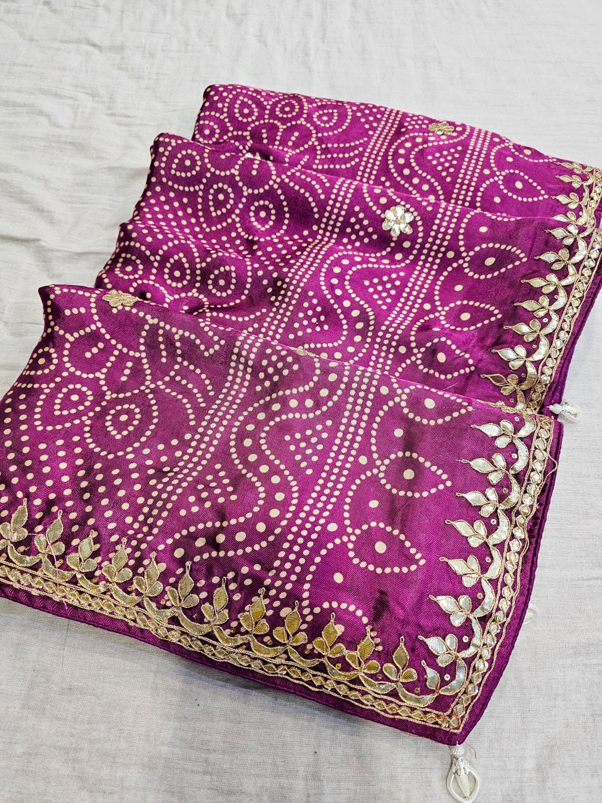 714001 Ajrakh Print Semi Gajji Silk Saree with Rajasthani Gota Patti Work