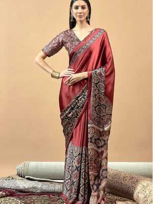 727001 Trending Ajrakh Print Semi Modal Silk Saree - Red