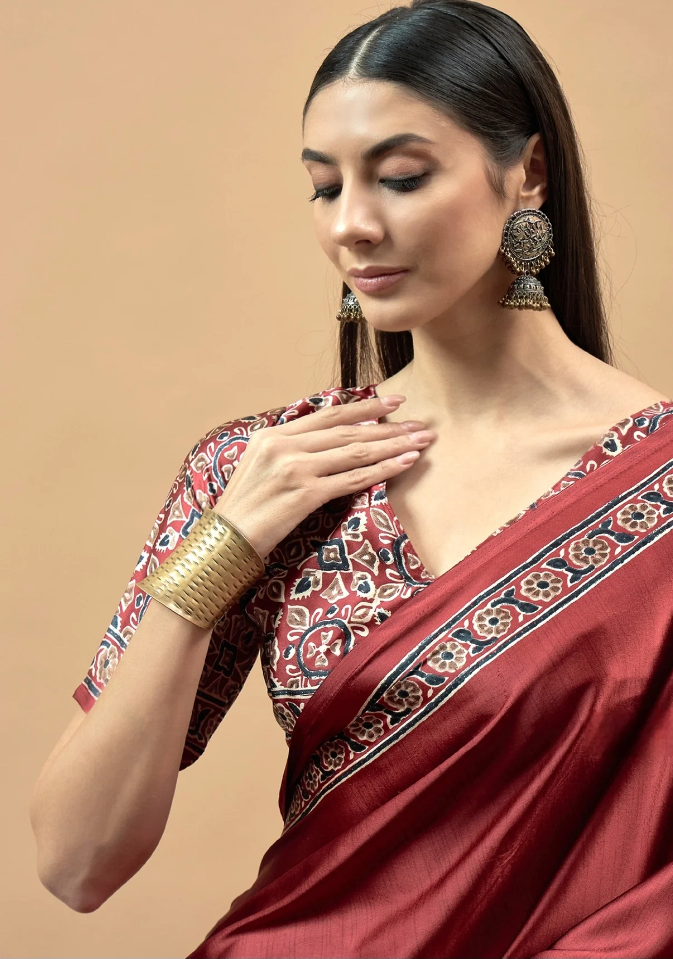 727001 Trending Ajrakh Print Semi Modal Silk Saree - Red