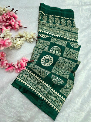 DS287 Semi Dola Silk Block Print Saree - Green