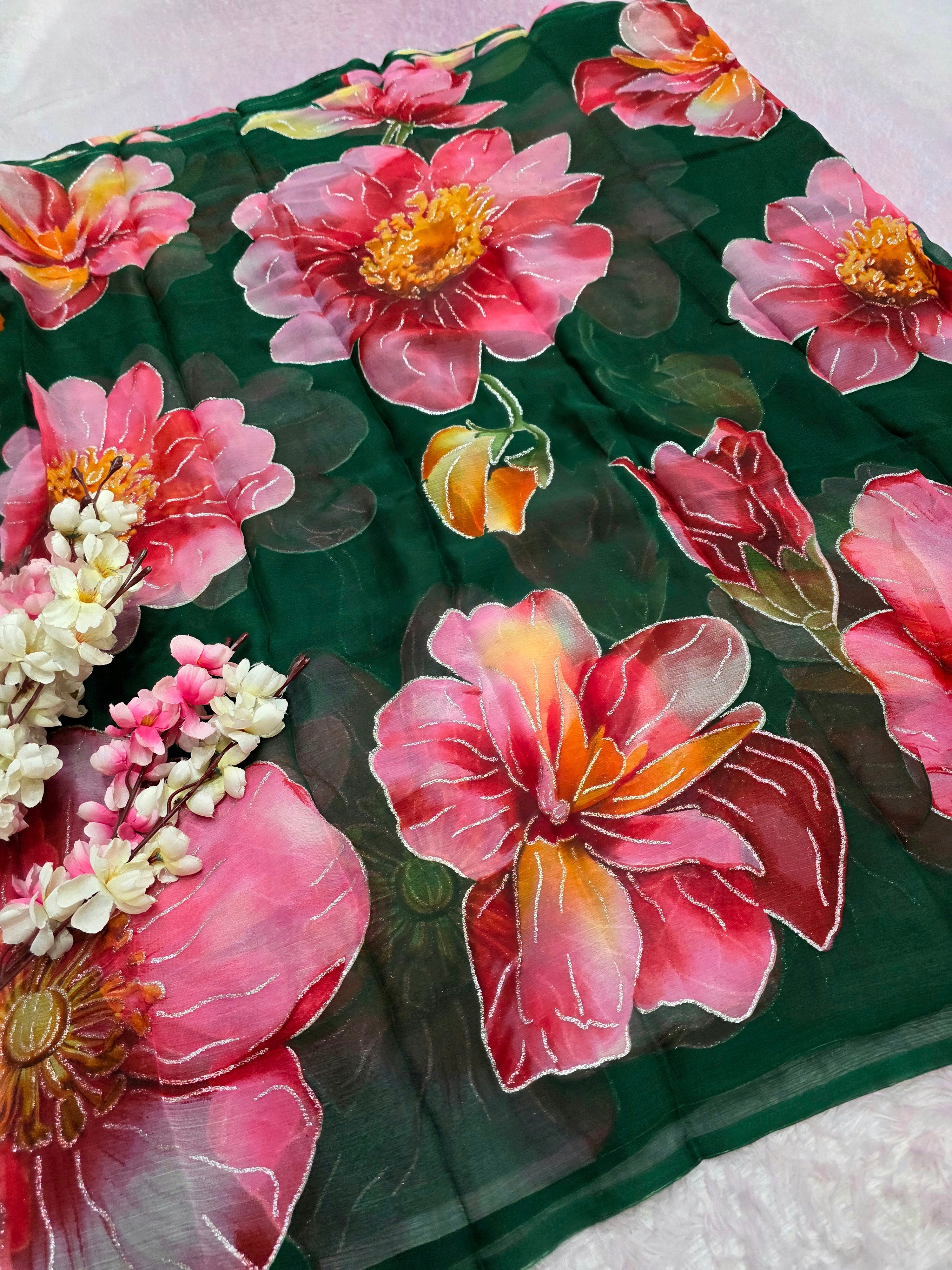 991001 Lightweight Elegant Semi Chiffon Flower Print Saree with Zari Print - Green