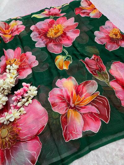 644001 एक्सक्लूसिव शिफॉन फ्लावर प्रिंट साड़ी - हरा 