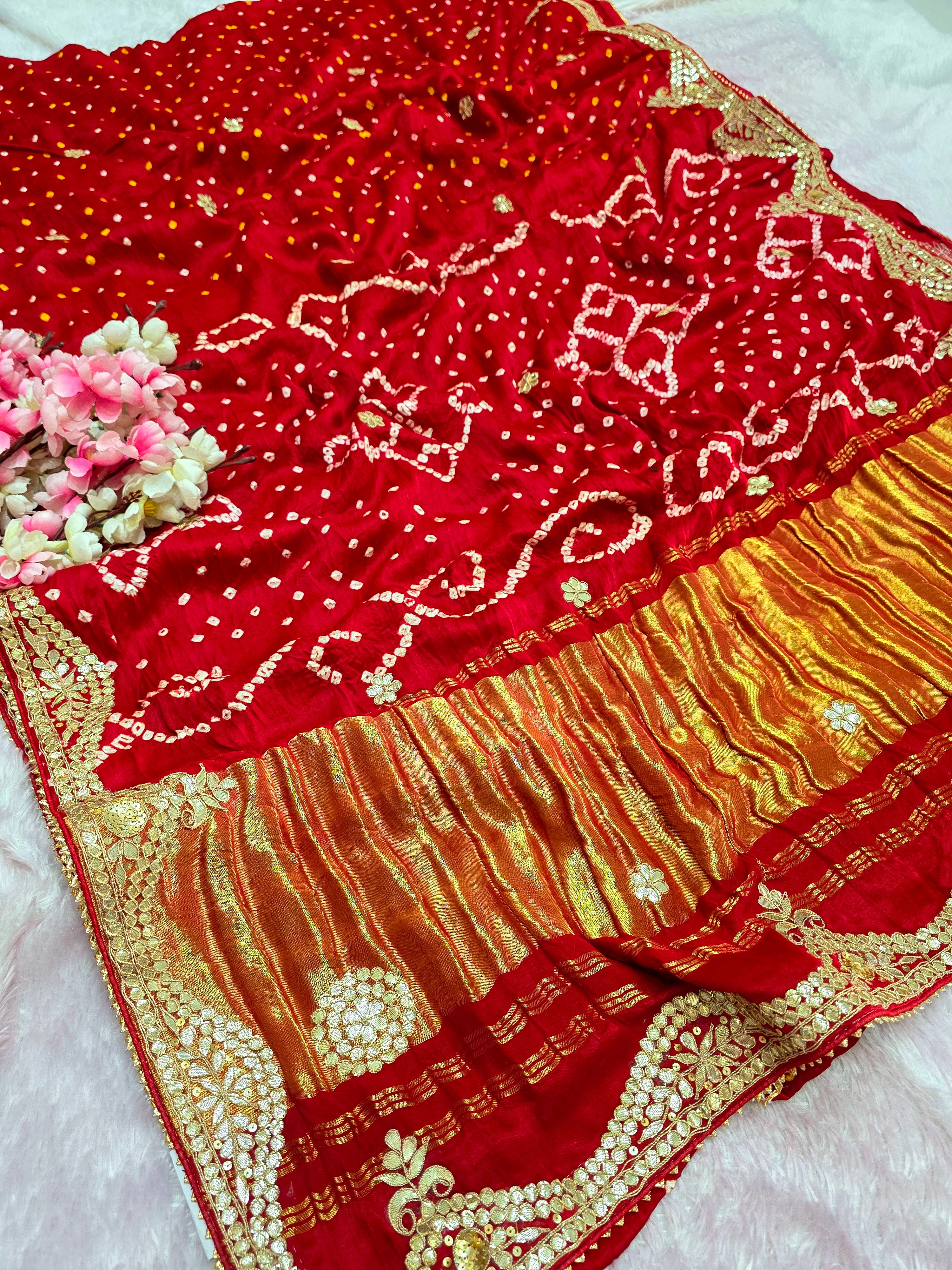 12446 New Handcrafted Gaji Silk Saree in Bandhani Style with Gota Patti Work