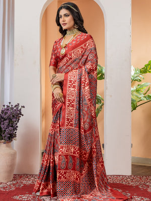 937003 Traditional Ajrakh Print Satin Silk Saree