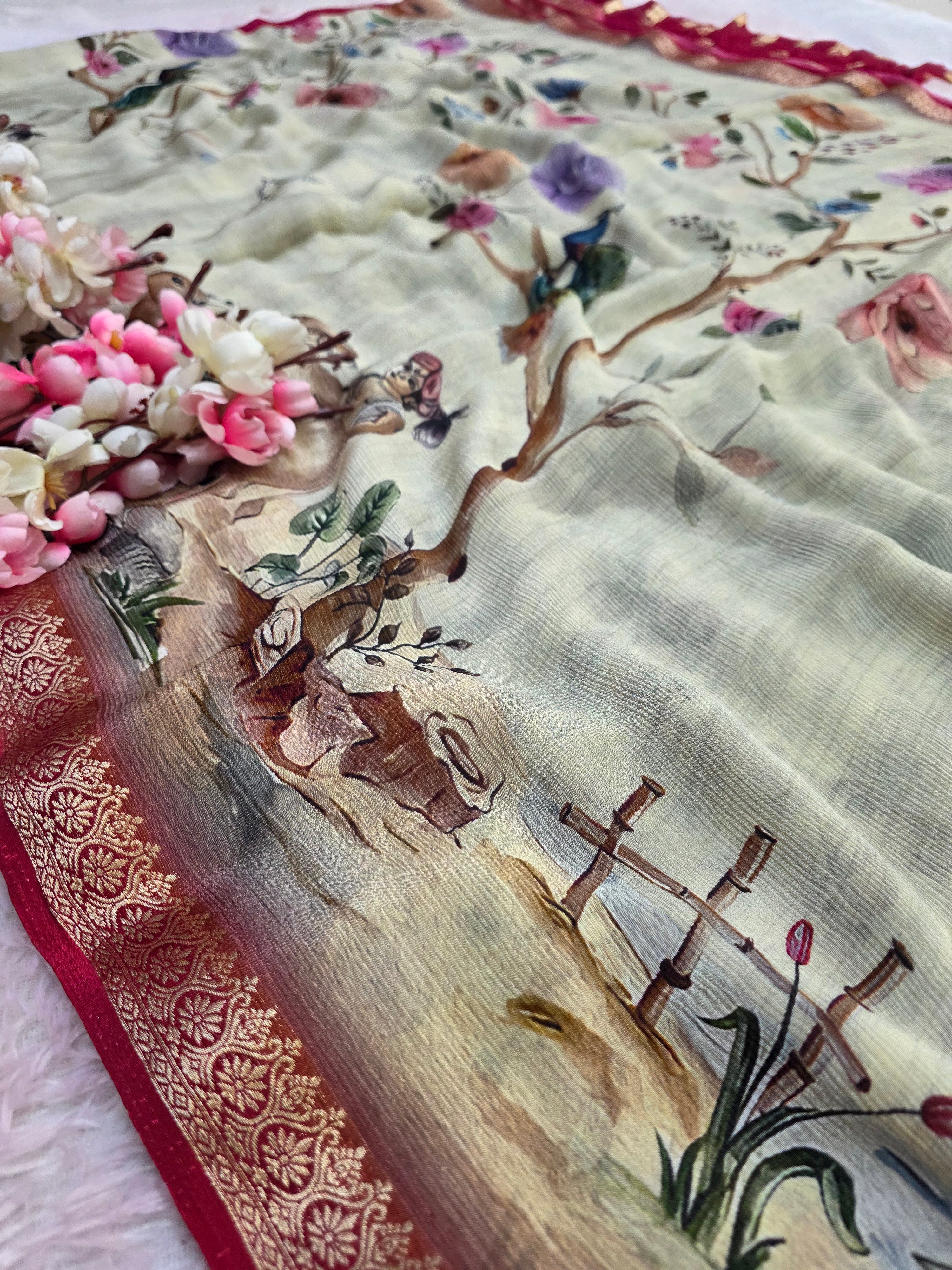 12648 Exclusive Pure Chinon Silk Traditional Print Saree with Zari Weaving Border