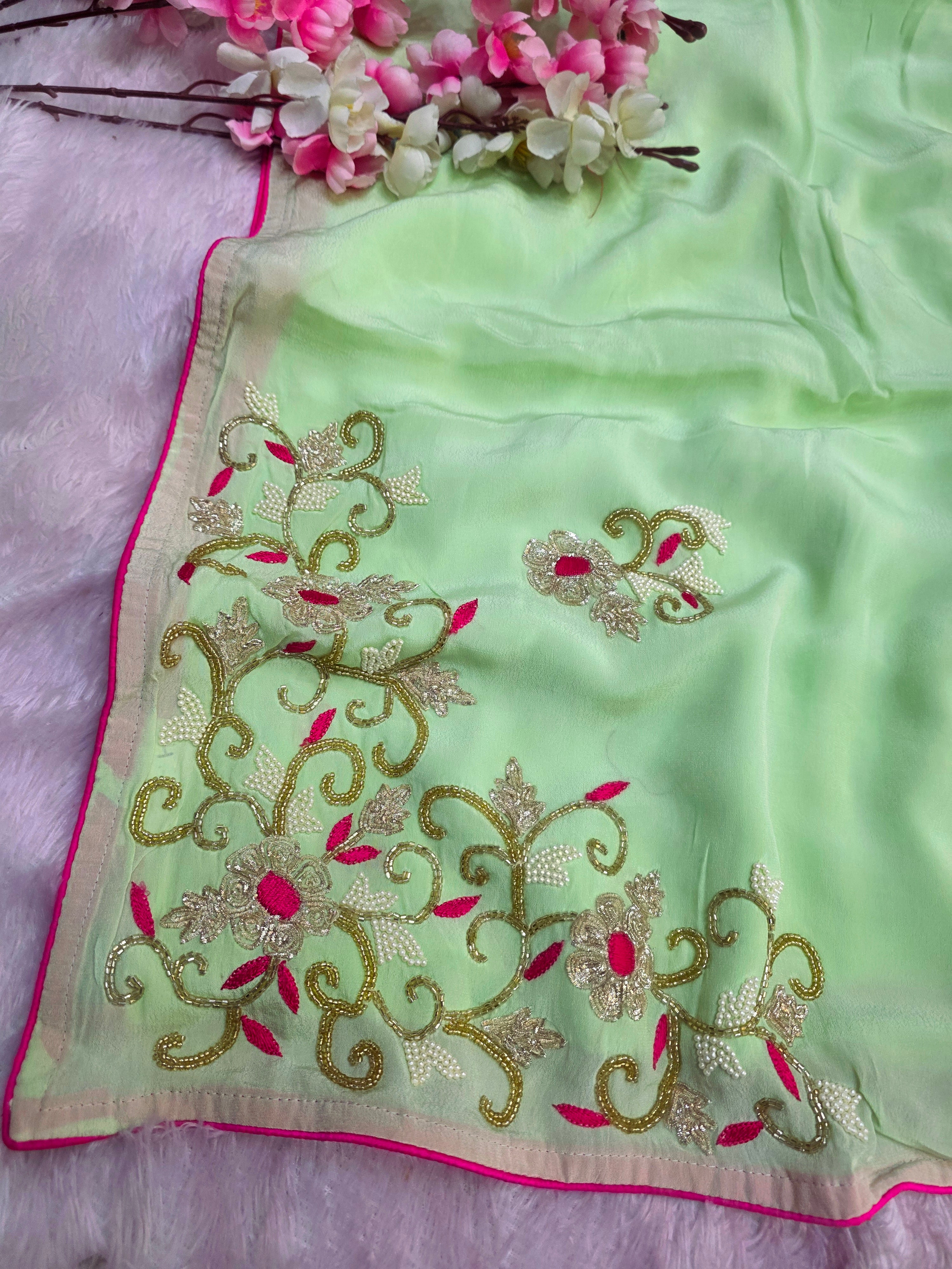 976003 Pure Chinon Silk Hand Work party Wear Saree