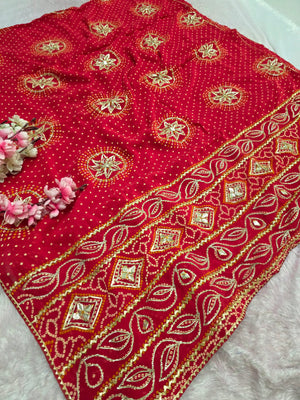 103702 Pure Viscose Georgette Bandhani Saree with Rajasthani Hand Gotapatti Work