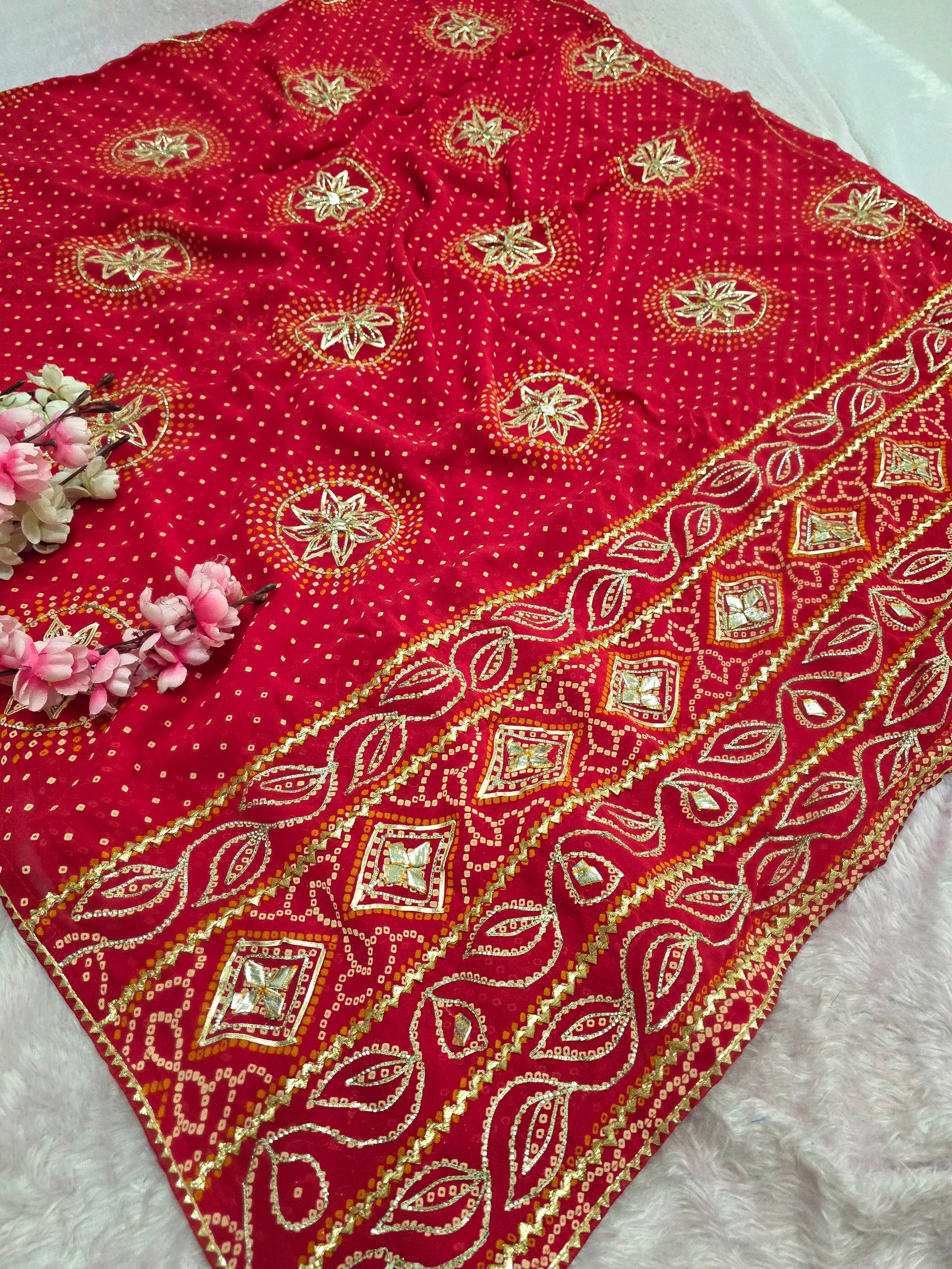 103702 Pure Viscose Georgette Bandhani Saree with Rajasthani Hand Gotapatti Work