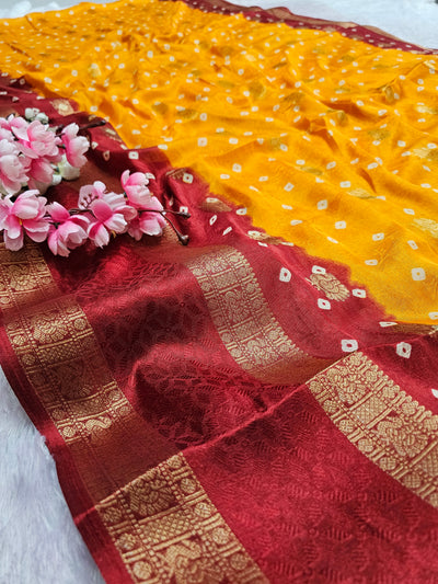 994002 Rajasthani Pila Bandhani Print Self Weaving Crepe Silk Saree With Zari Weaving Border - Yellow
