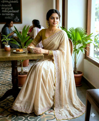Georgette Crepe Silk Sequence Work Saree - Beige