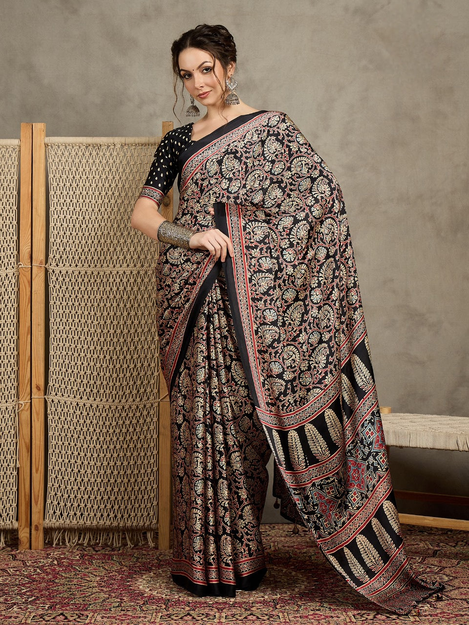 823003 Trending Ajrakh Print Semi Modal Silk Black Saree