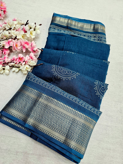 918003 Soft Cotton Saree with Banarasi Zari Border -Blue