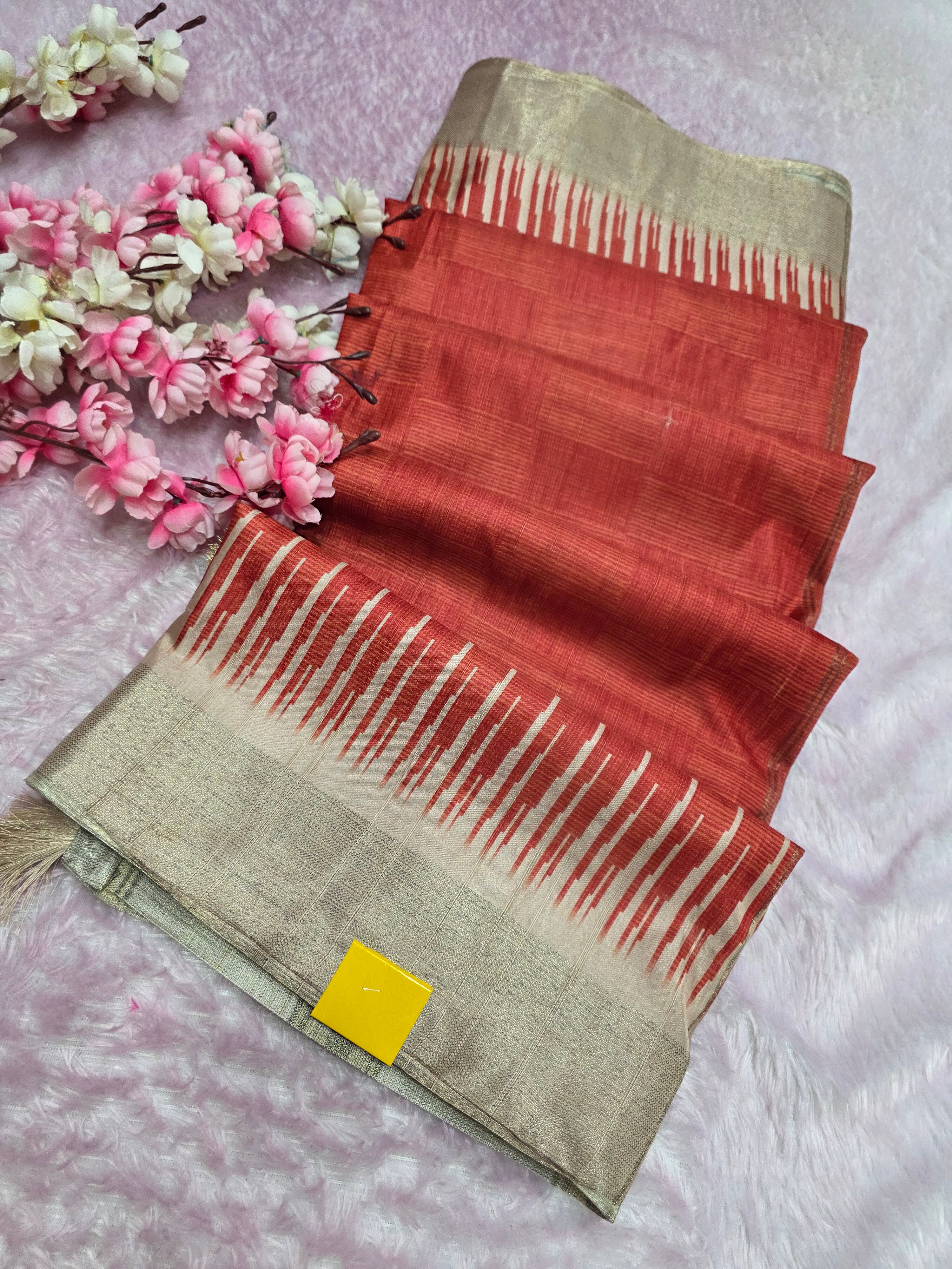 103107 Chitra Special Soft Banarasi Silk Saree with Heavy Flower Printed Blouse - Orange