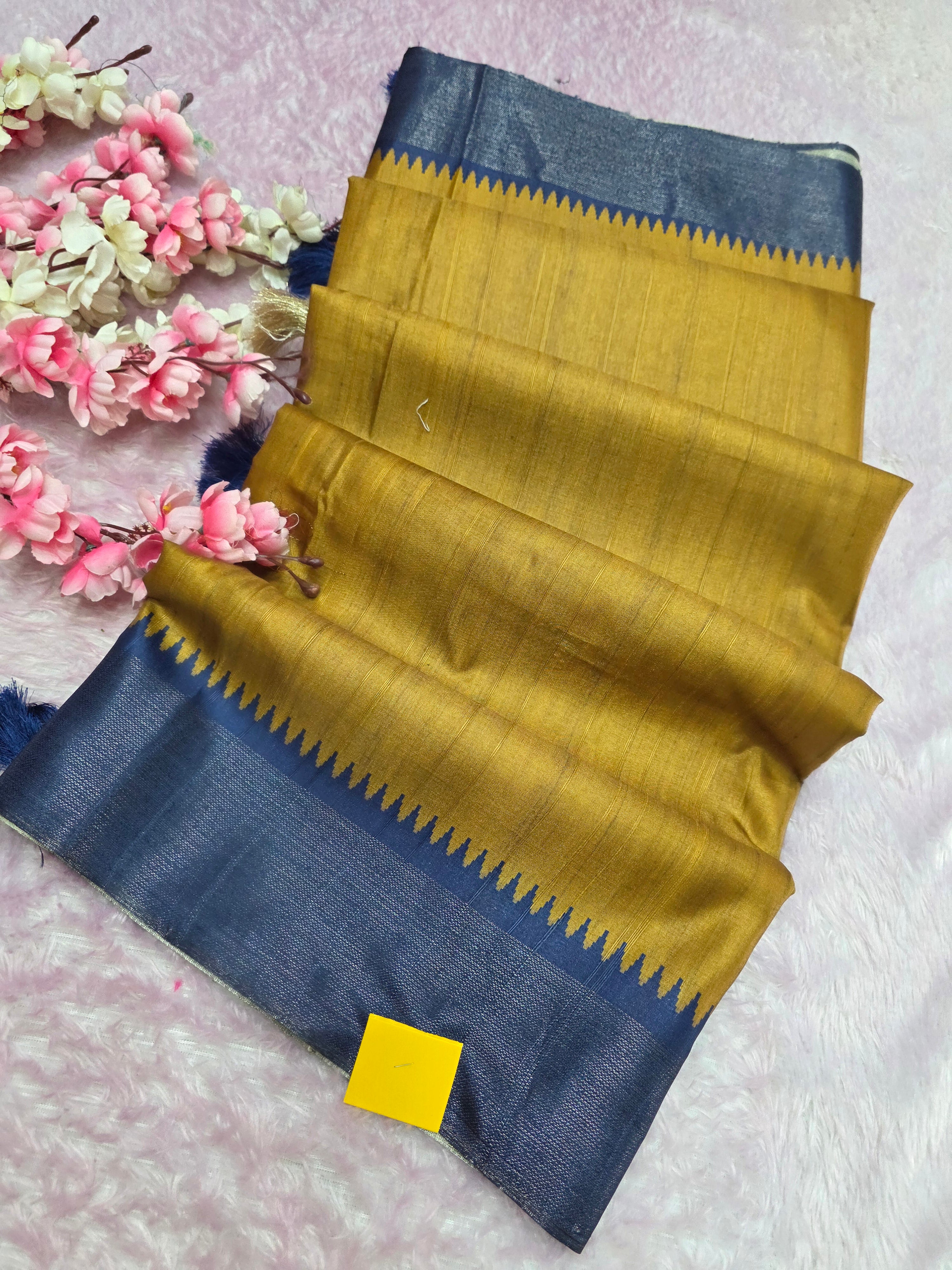 103108 Chitra Special Soft Banarasi Silk Saree with Heavy Flower Printed Blouse - Mustered