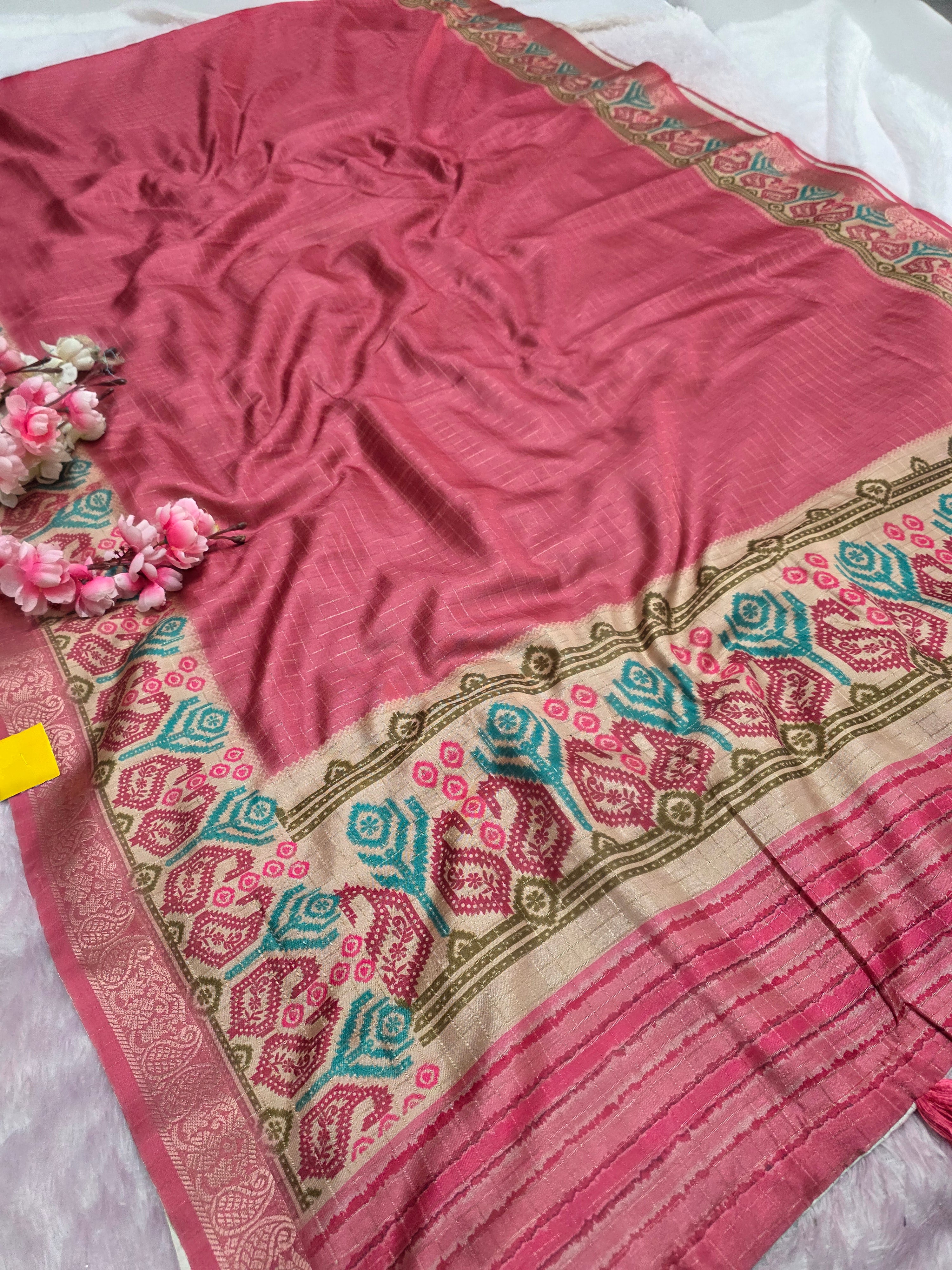 102403 Exclusive Soft Viscose Silk Printed Saree with Zari Weaving Checks