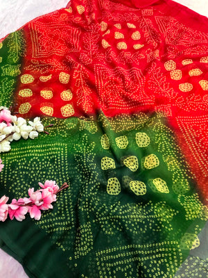 CA1480 Lightweight Elegant Semi Chiffon Bandhani Print Saree - Red Green