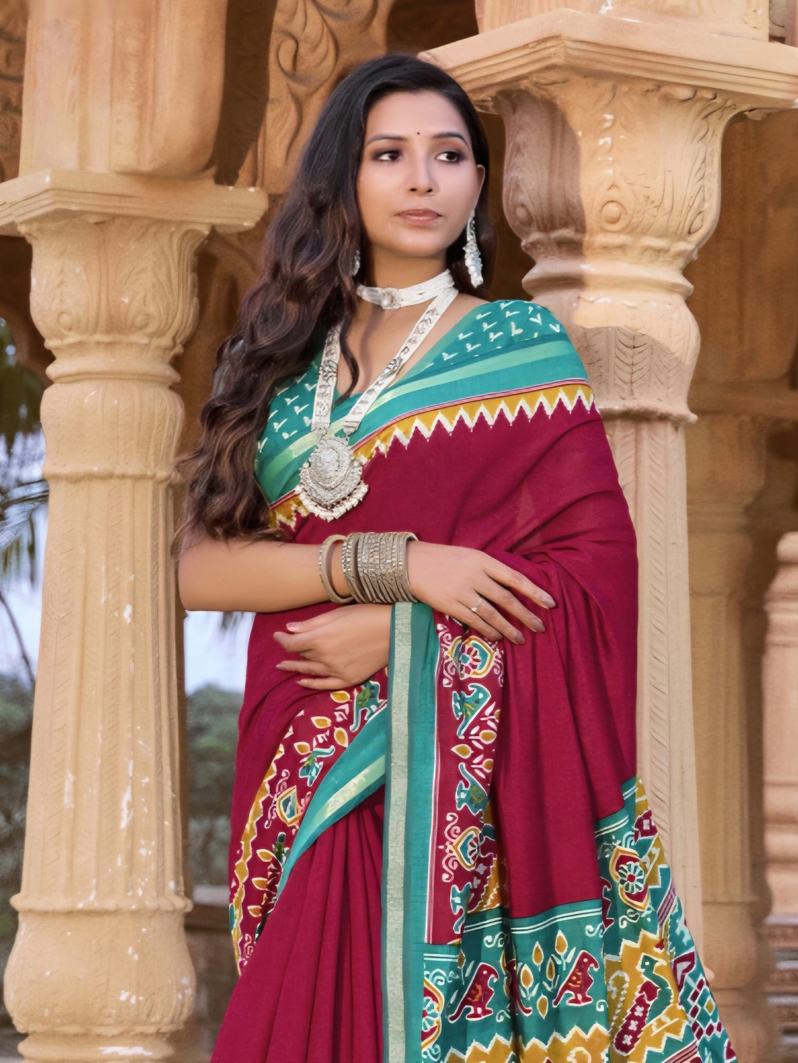 913006 Patola Print Soft Cotton Silk Saree with Small Zari Border -