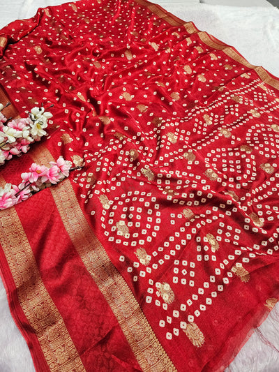 994002 Premium Bandhani Print Self Weaving Crepe Silk Saree With Zari Weaving Border - Red