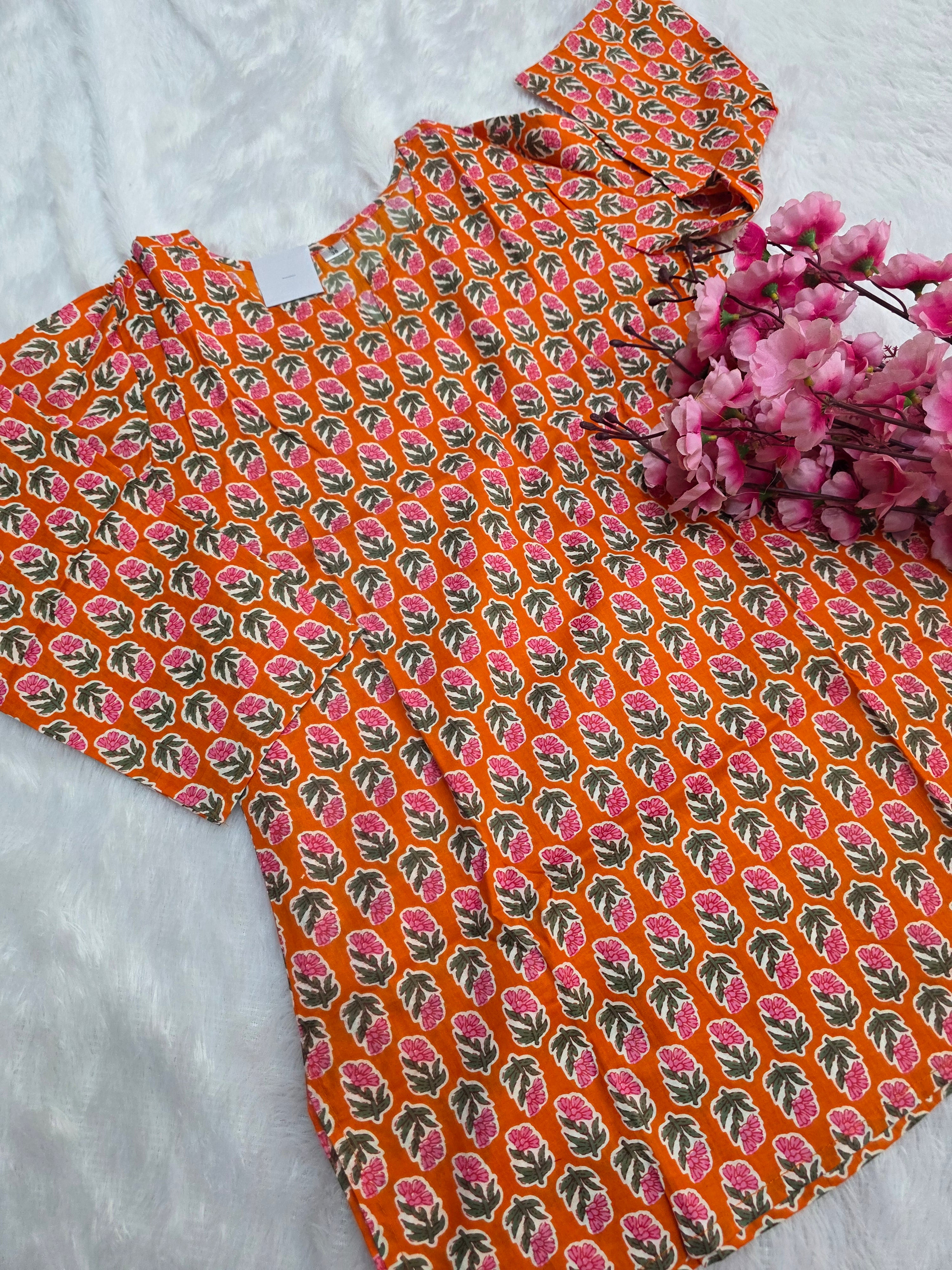 1758 Pure Cotton Hand Block Printed Shot Kurtis (Orange)