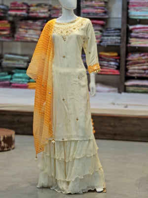 9232 Premium Hand Zardosi and Gotawork Maslin Silk Kurti with Raffle Skirt with Lehriya Dupatta