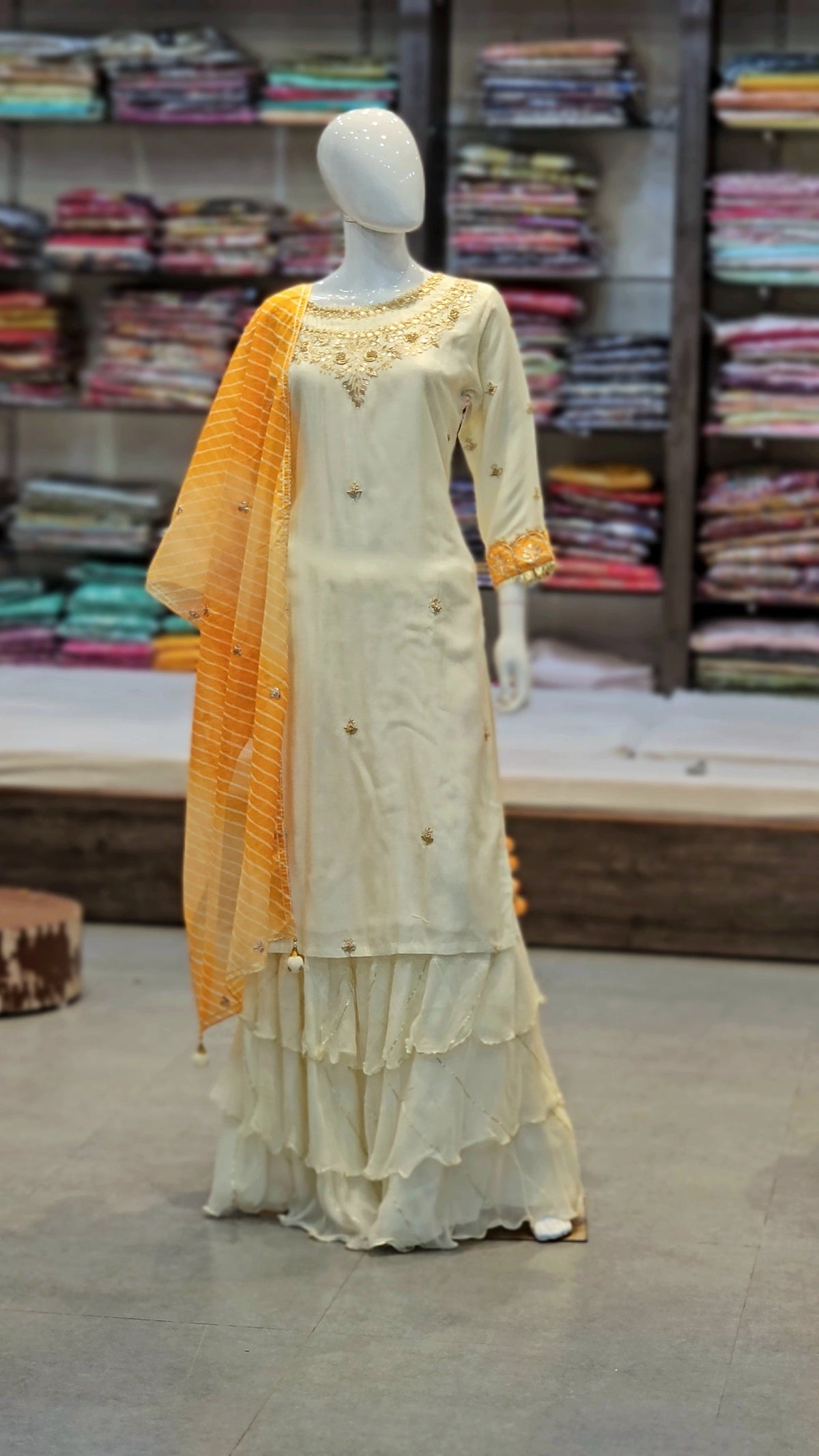 9232 Premium Hand Zardosi and Gotawork Maslin Silk Kurti with Raffle Skirt with Lehriya Dupatta