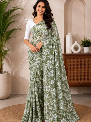 CA1462 Lightweight Elegant Semi Chiffon Flower Print Saree - Green