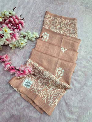 CA1524 Soft Dola Silk Block Print Saree - Peach