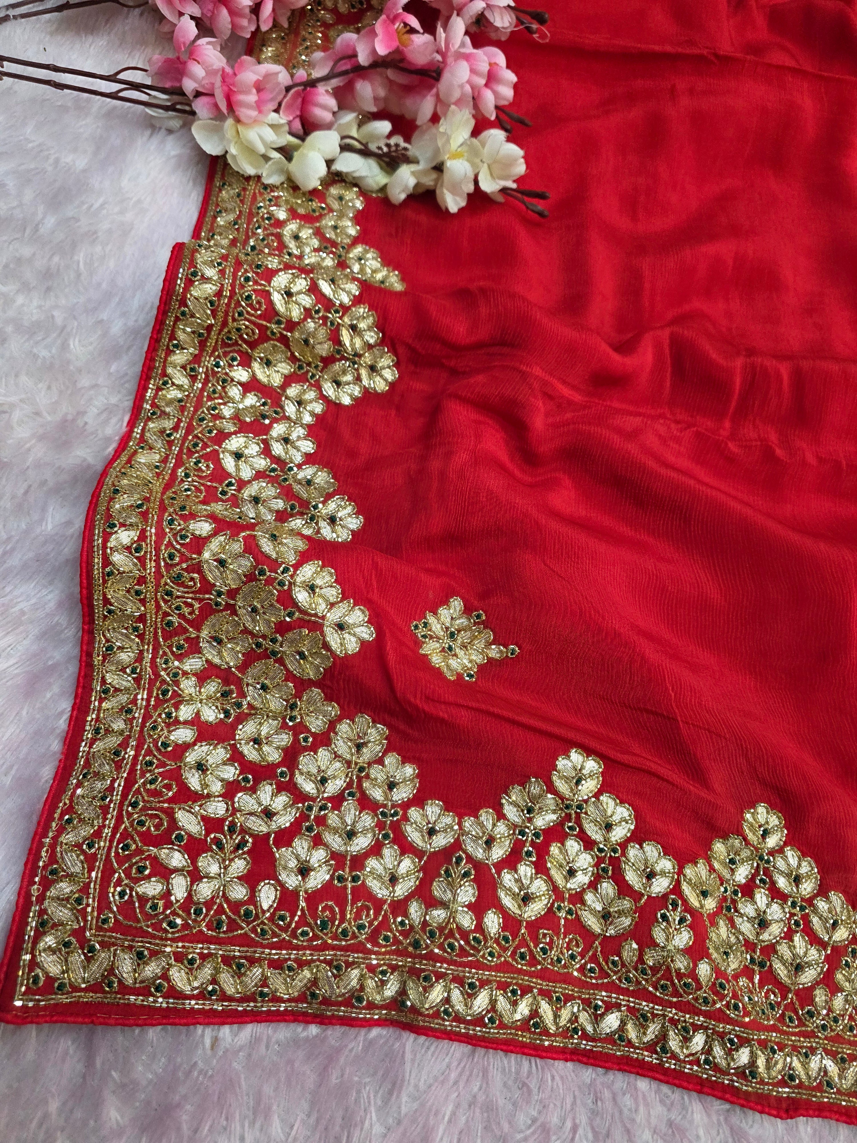 06443 Designer Pure Chinon Silk Traditional Rajasthani Saree with Hand Gotapatti Work Red Saree