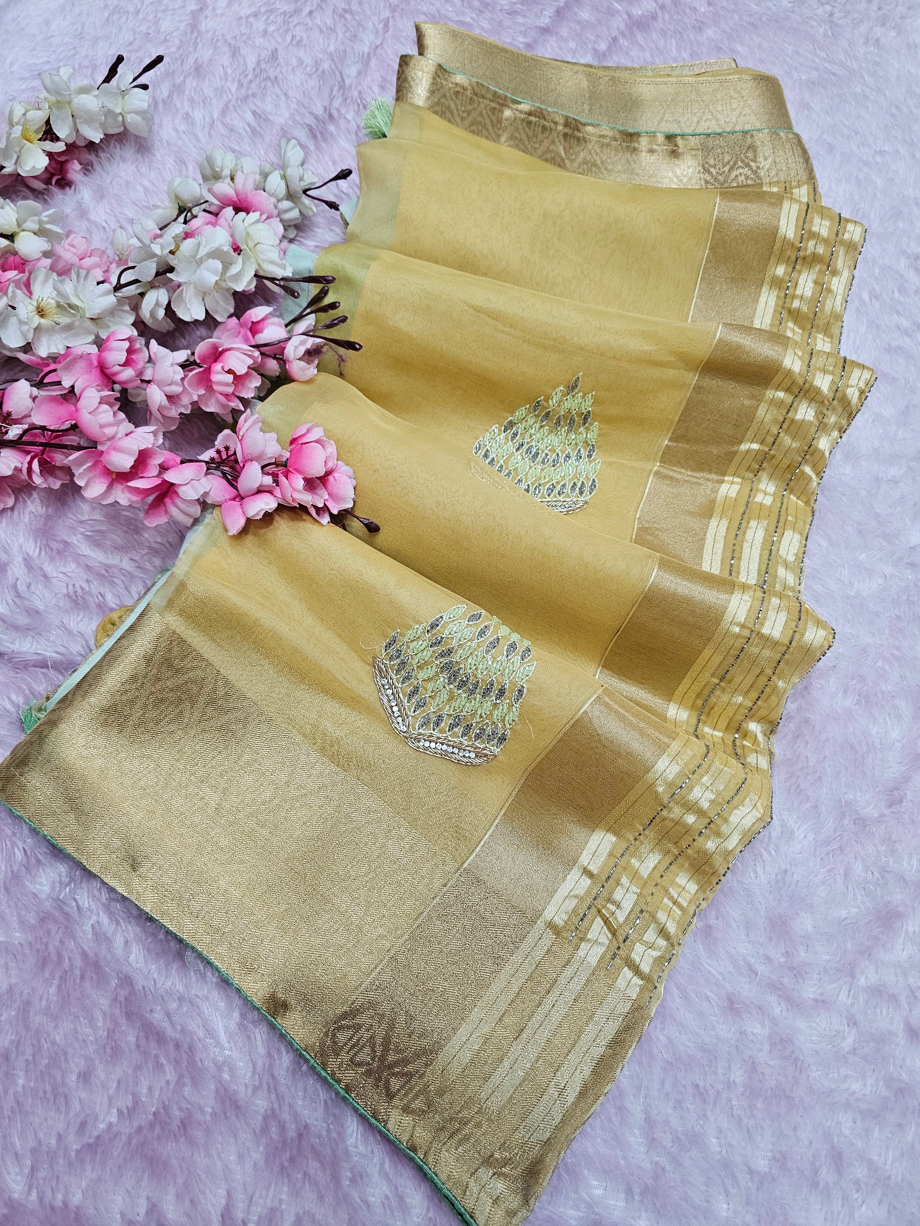 8585 Designer Organza Fabric Saree with Hand Cutdana Work - Yellow