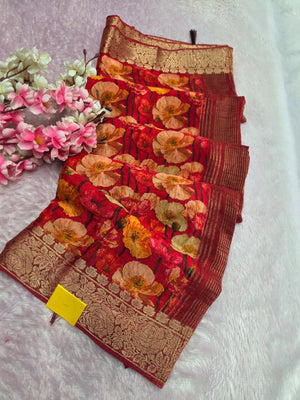 CA0992 Chitra Exclusive Pure Chinon Silk Printed Saree With Zari Border
