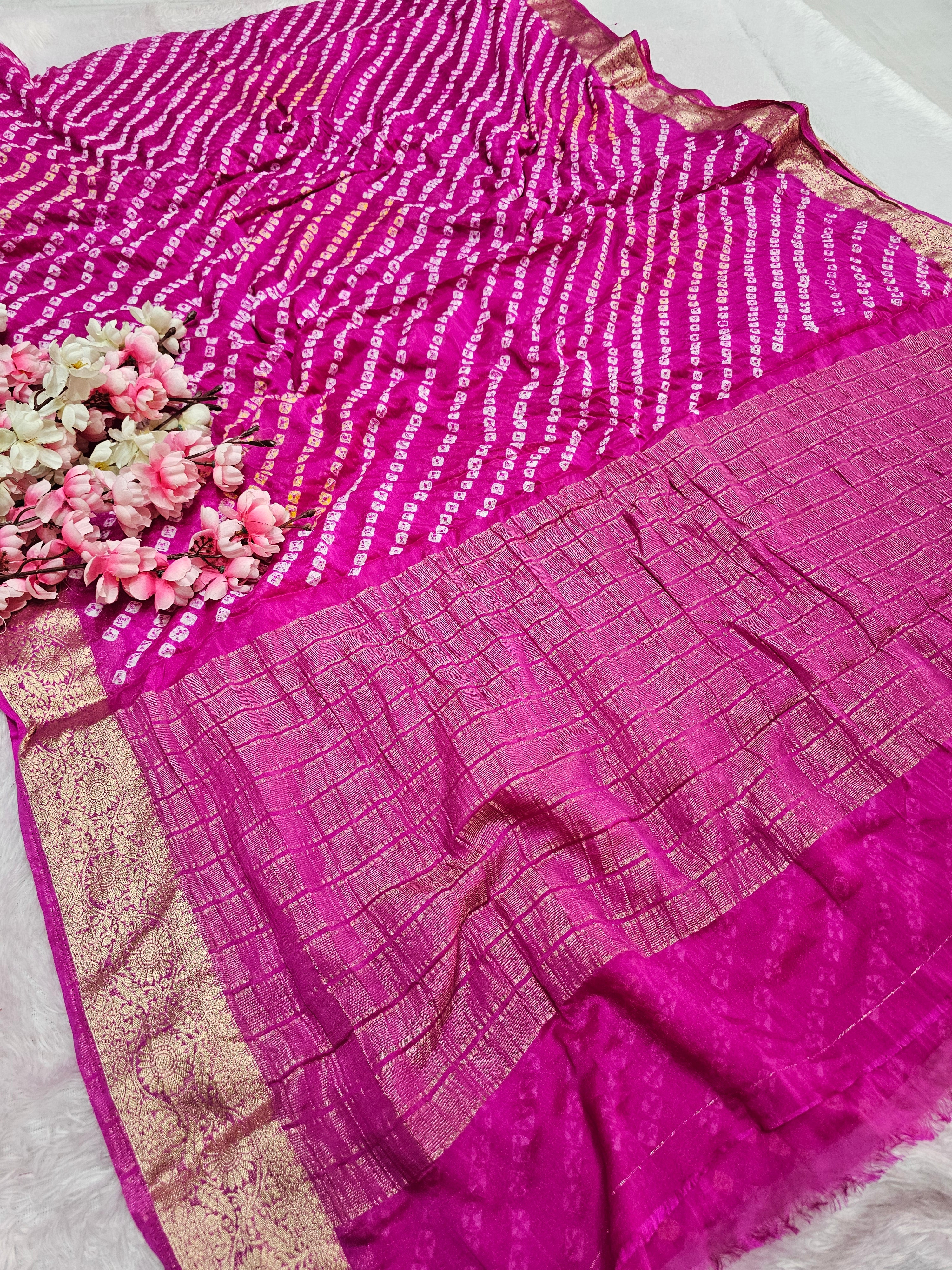 12529 Traditional Hand Bandhani Chinon Silk Soft Saree - Rani