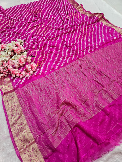 12529 Traditional Hand Bandhani Chinon Silk Soft Saree - Rani