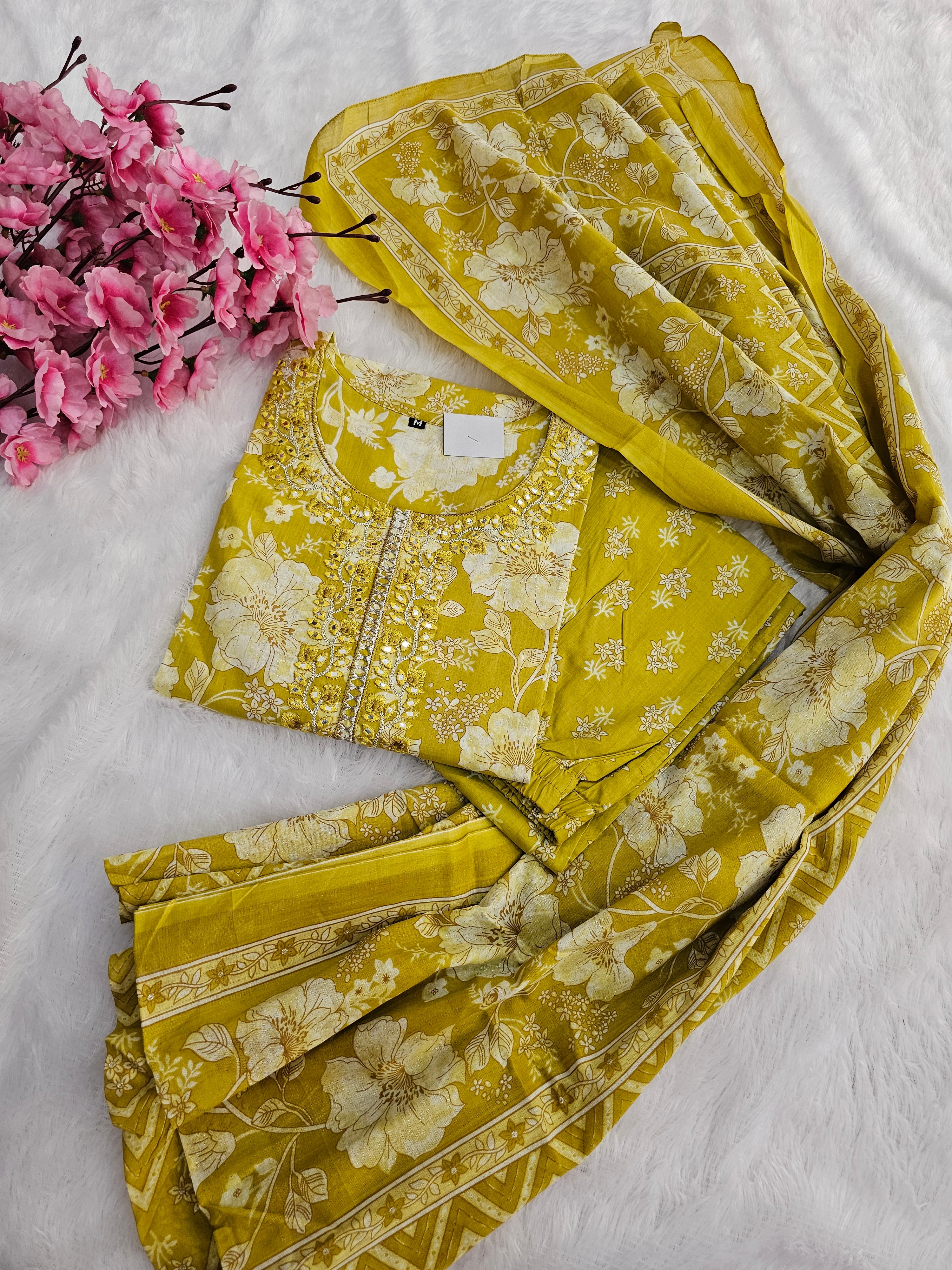 767004 Yellow Color Embroidered Pure Cotton Flower Printed Straight Kurti With Pant & Dupatta