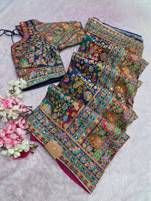1058 Royal Kashmiri Pashmina Saree with Designer Stitched Blouse - Blue