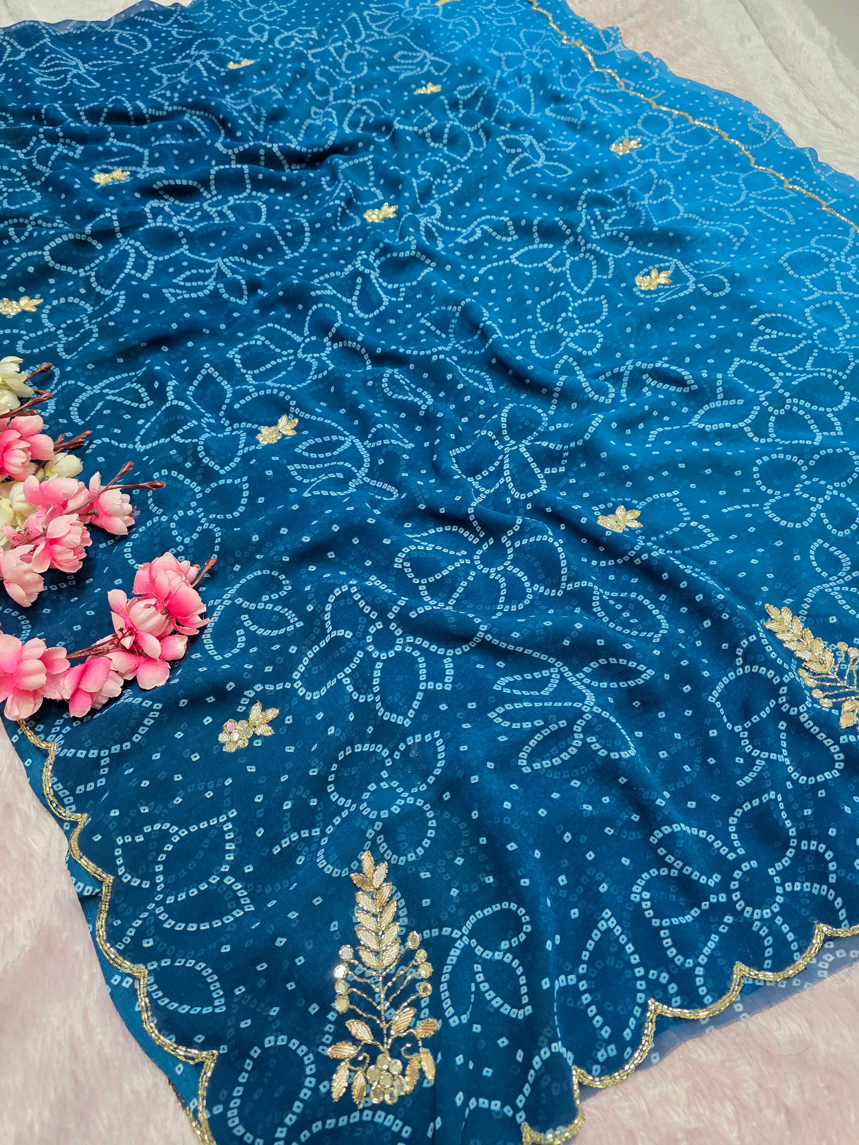 966001 Traditional Bandhani Georgette Saree with Hand Cutdana Work - Blue