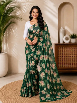 CA1031 Lightweight Elegant Semi Chiffon Flower Print Saree - Green