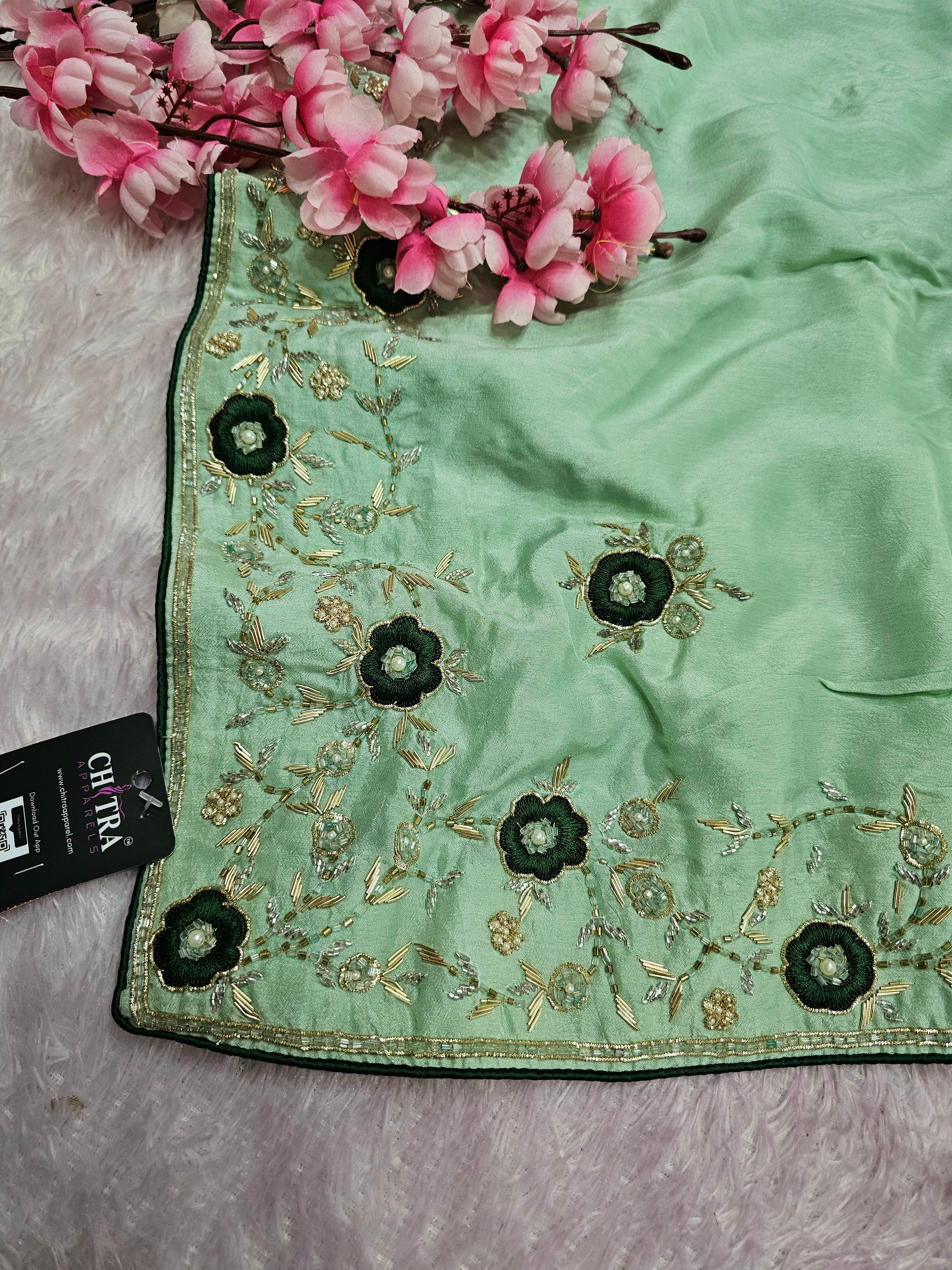 5101 Pure Russian Silk Premium Saree with Very Elegant Hand Cut dana and Zardozi Work