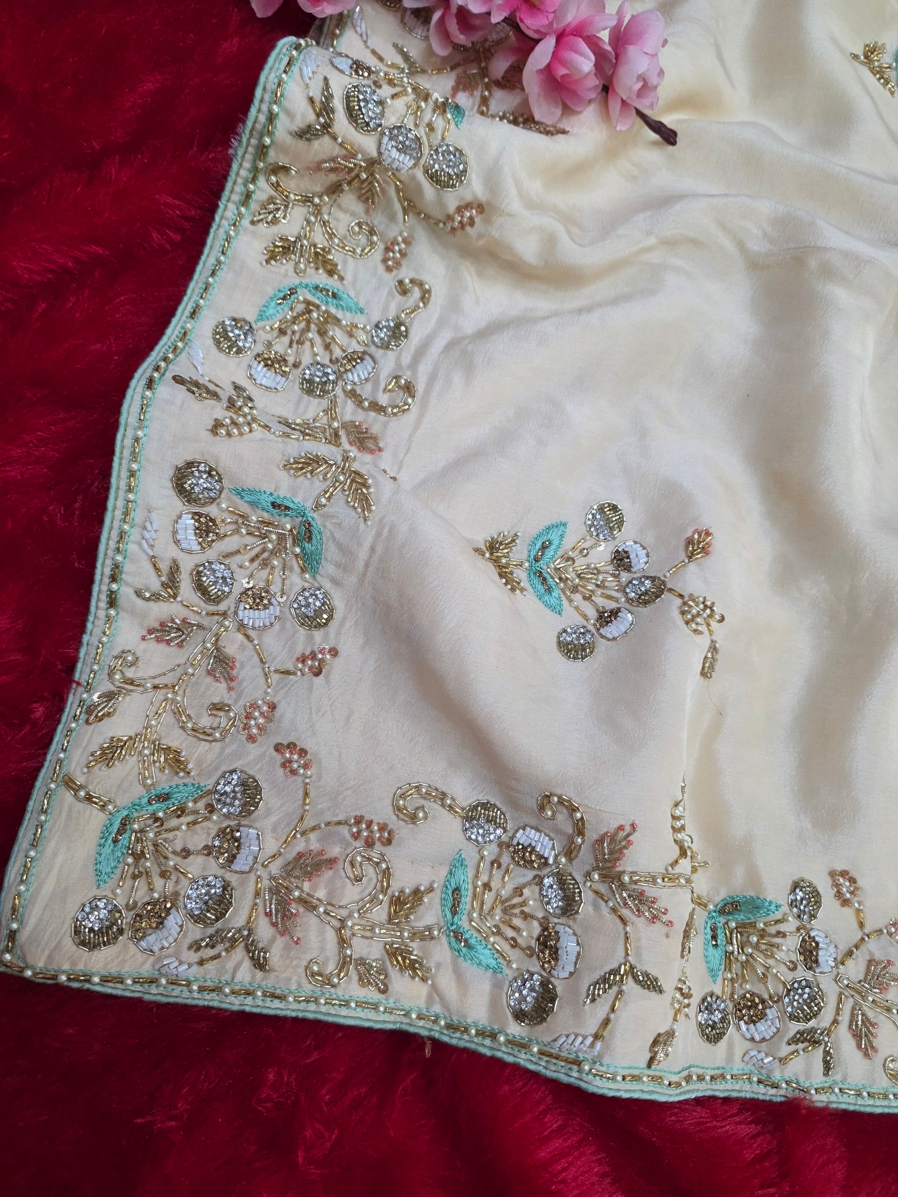 961002 Pure Crepe Silk Beautiful Hand Crafted Designer Ivory Peach Saree 4869