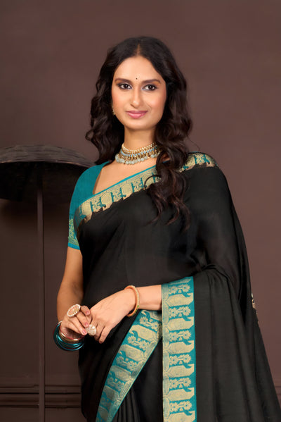 919003 Georgette Crepe Silk Soli Color with Banarasi Weaving  Border Saree - Black