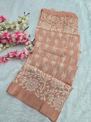 KS121 Semi Dola Silk Block Print Saree - Peach