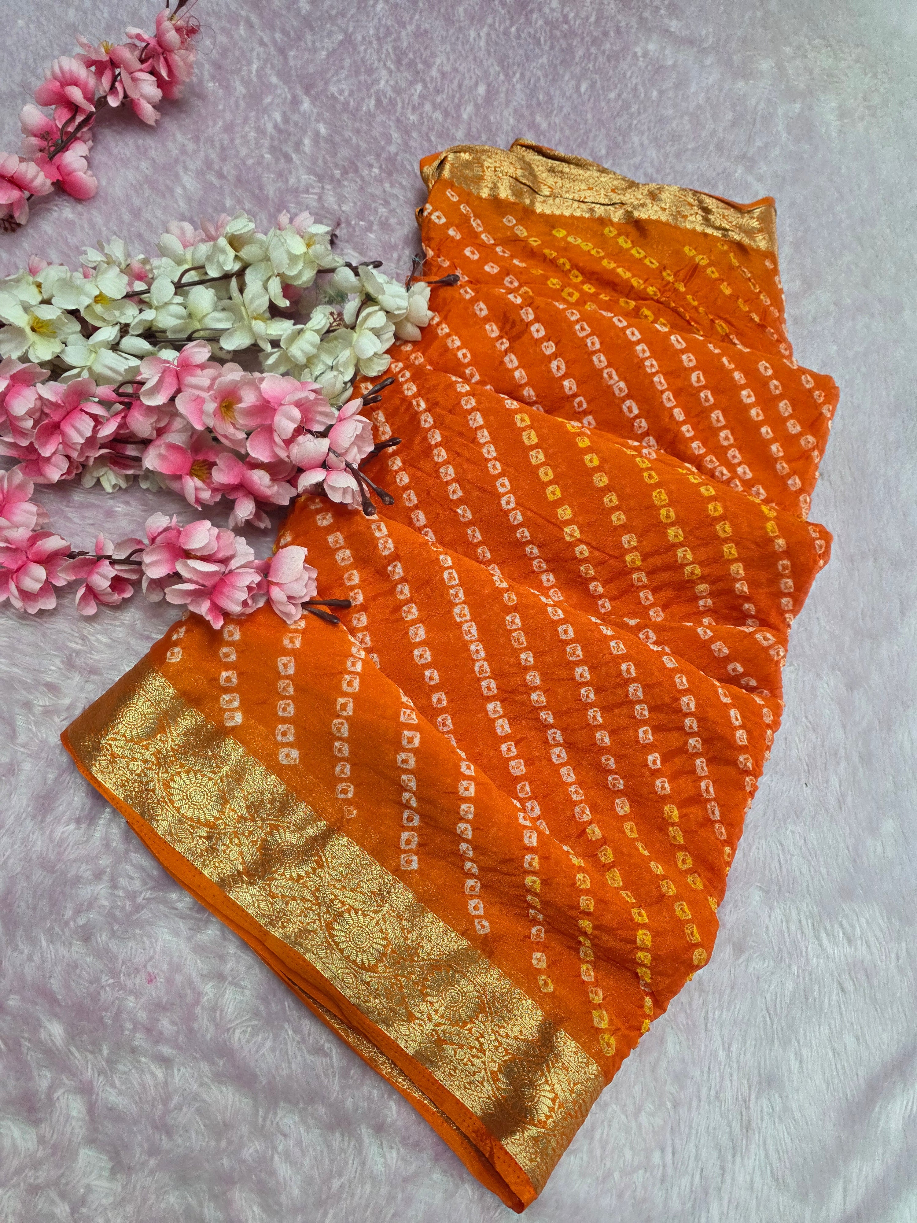 12529 Traditional Hand Bandhani Chinon Silk Soft Saree - Orange