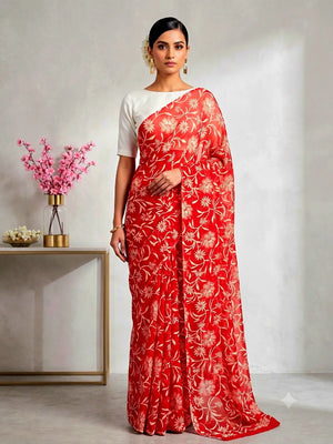 CA1495 Lightweight Elegant Semi Chiffon Flower Print Saree - Red