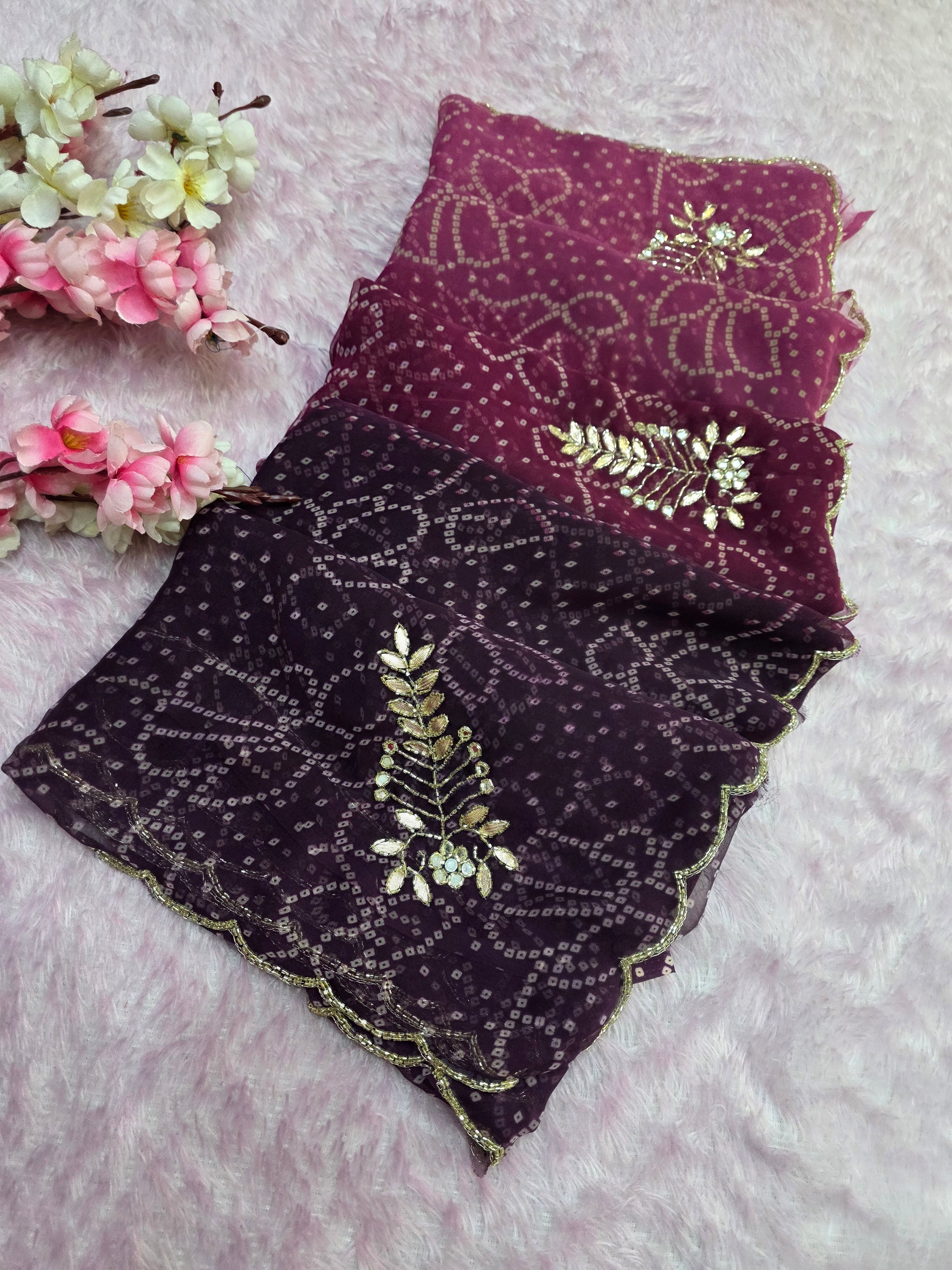 966001 Traditional Bandhani Georgette Saree with Hand Cutdana Work - Wine