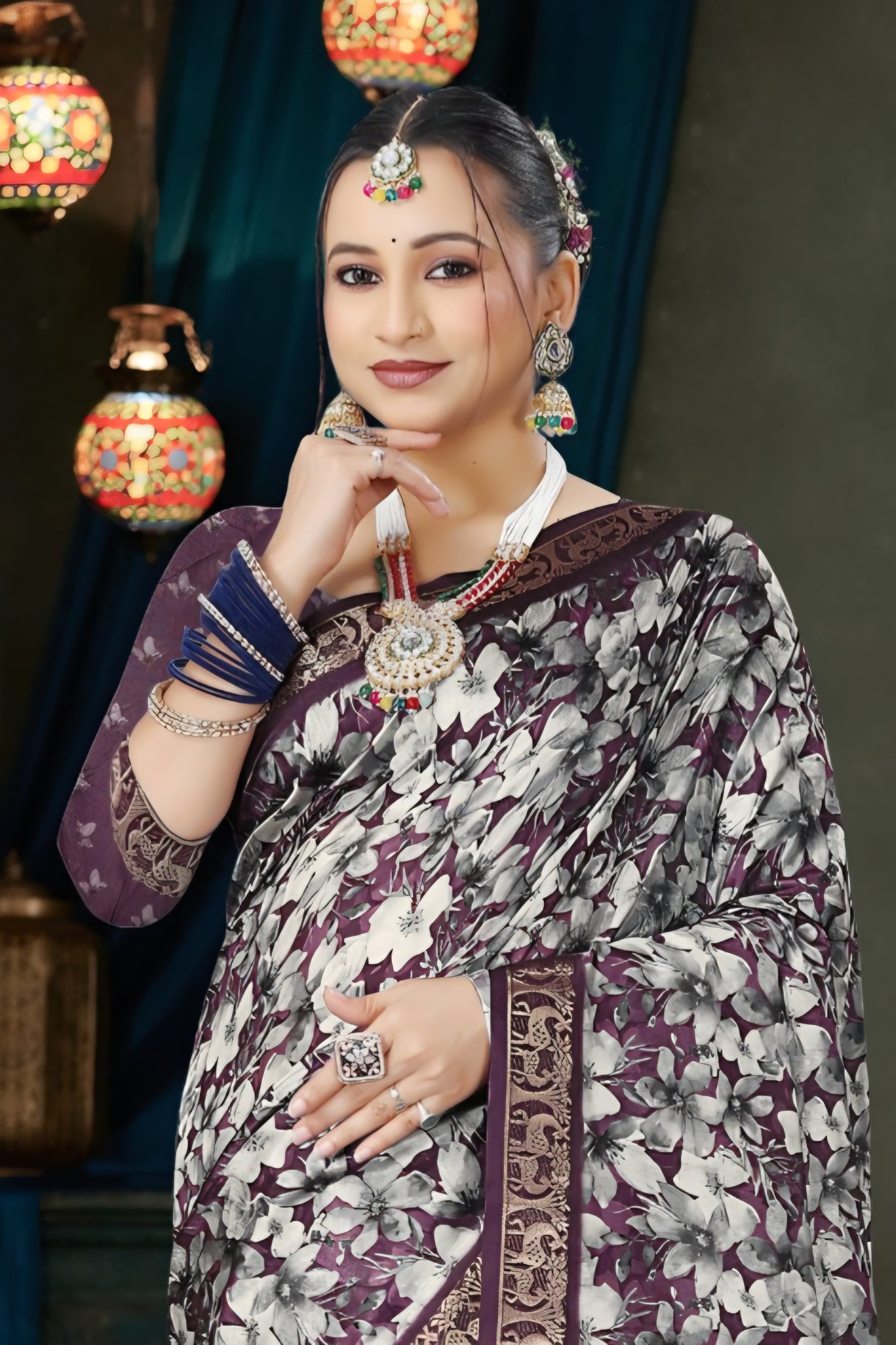 982003 Bollywood Style Soft Crepe Silk Flower Print Saree with Zari Weaving Border