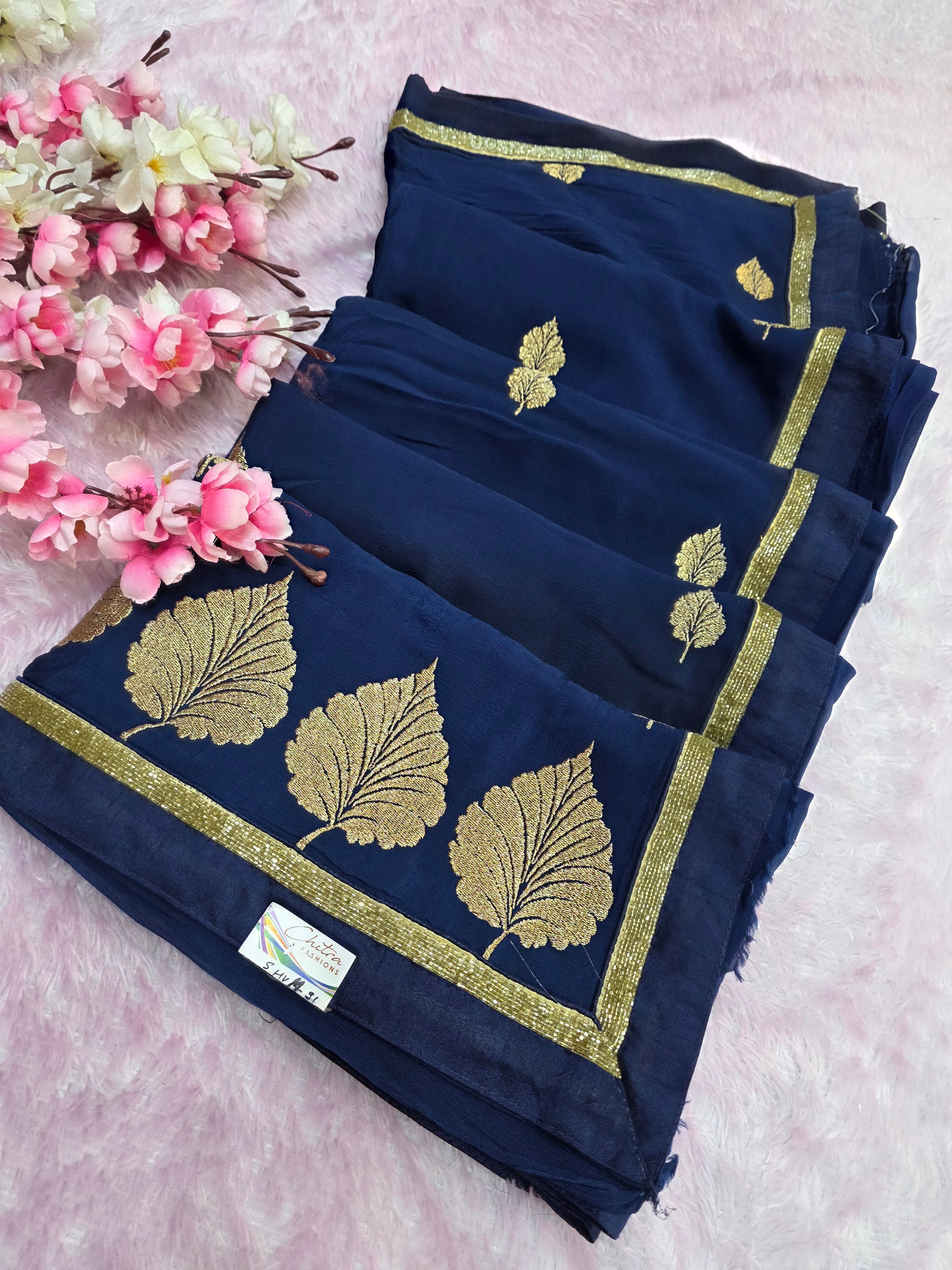 981001 Pure Chinon Silk Kolkata Zari Embroidery Blue Saree