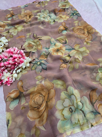 103901 Lightweight Elegant Semi Chiffon Flower Print Saree - Dusty Pink