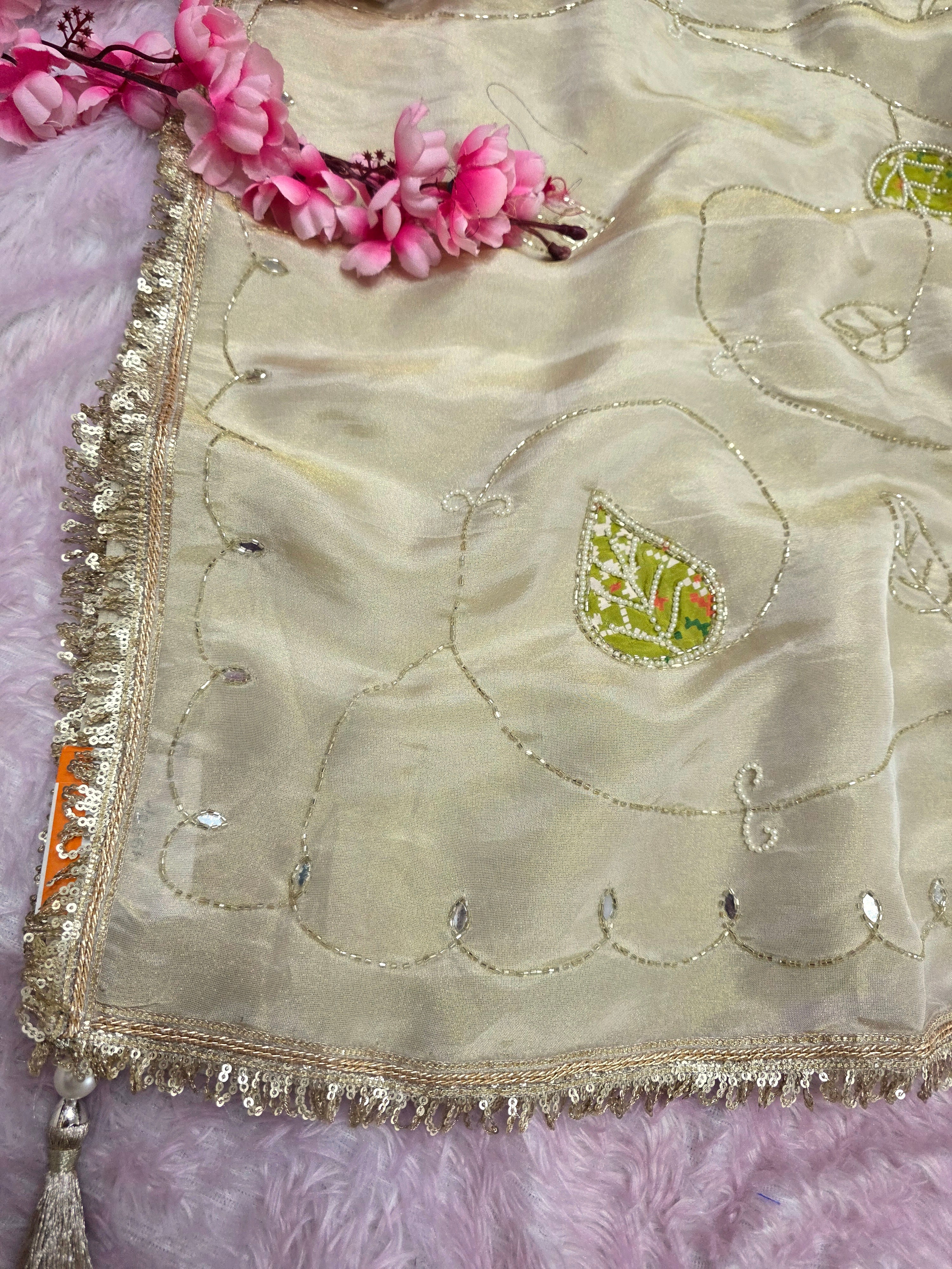 103703 Pure Cosmos SIlk Designer Party Wear Saree with Pearl and Cutdana Work