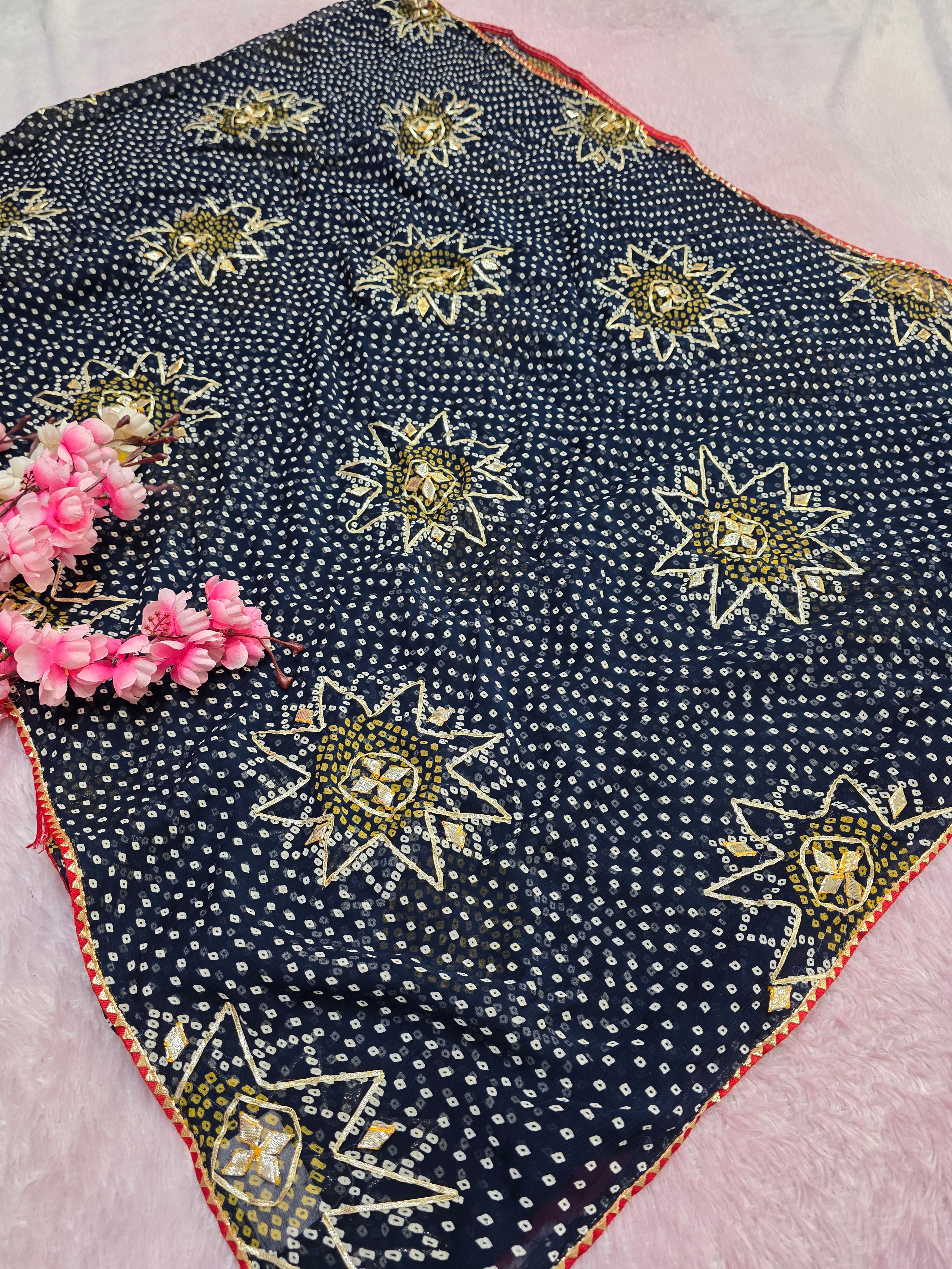 12475 Pure Chiffon Bandhani Saree with Gotapatti Work - Blue