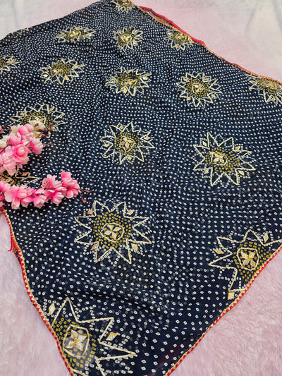 12475 Pure Chiffon Bandhani Saree with Gotapatti Work - Blue