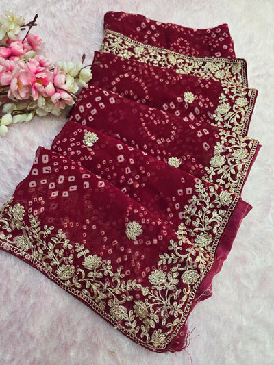 967001 Rajasthani Traditional Georgette Bandhani Saree with Pitta Work - Maroon